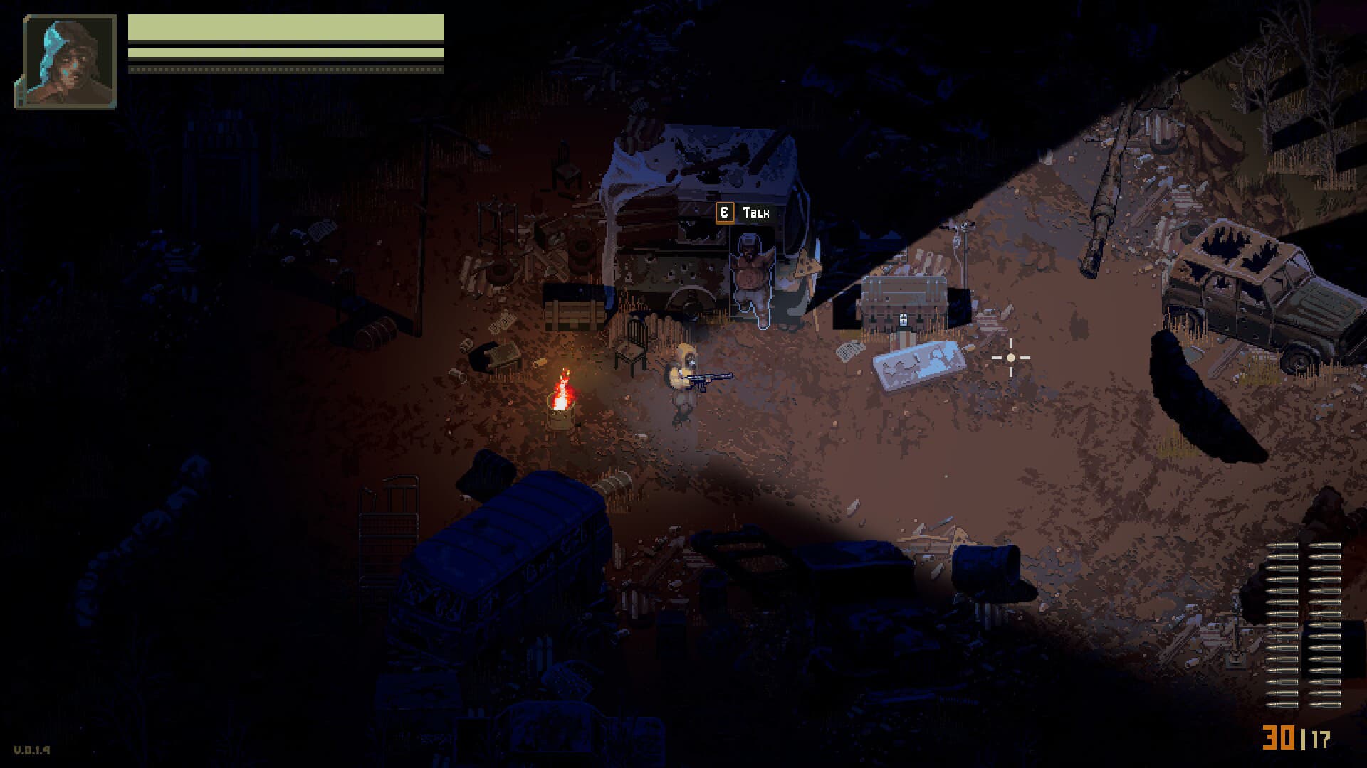 Scavland Vulture approaching an NPC at a ruined night camp
