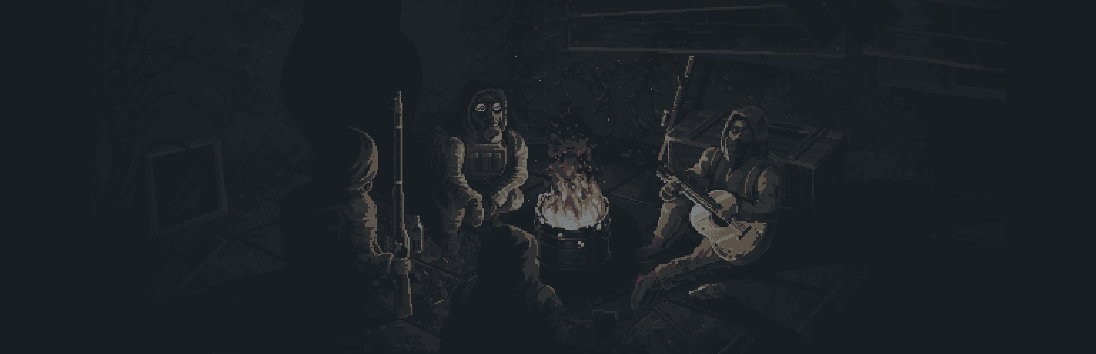 Three masked Scavland survivors around a barrel fire