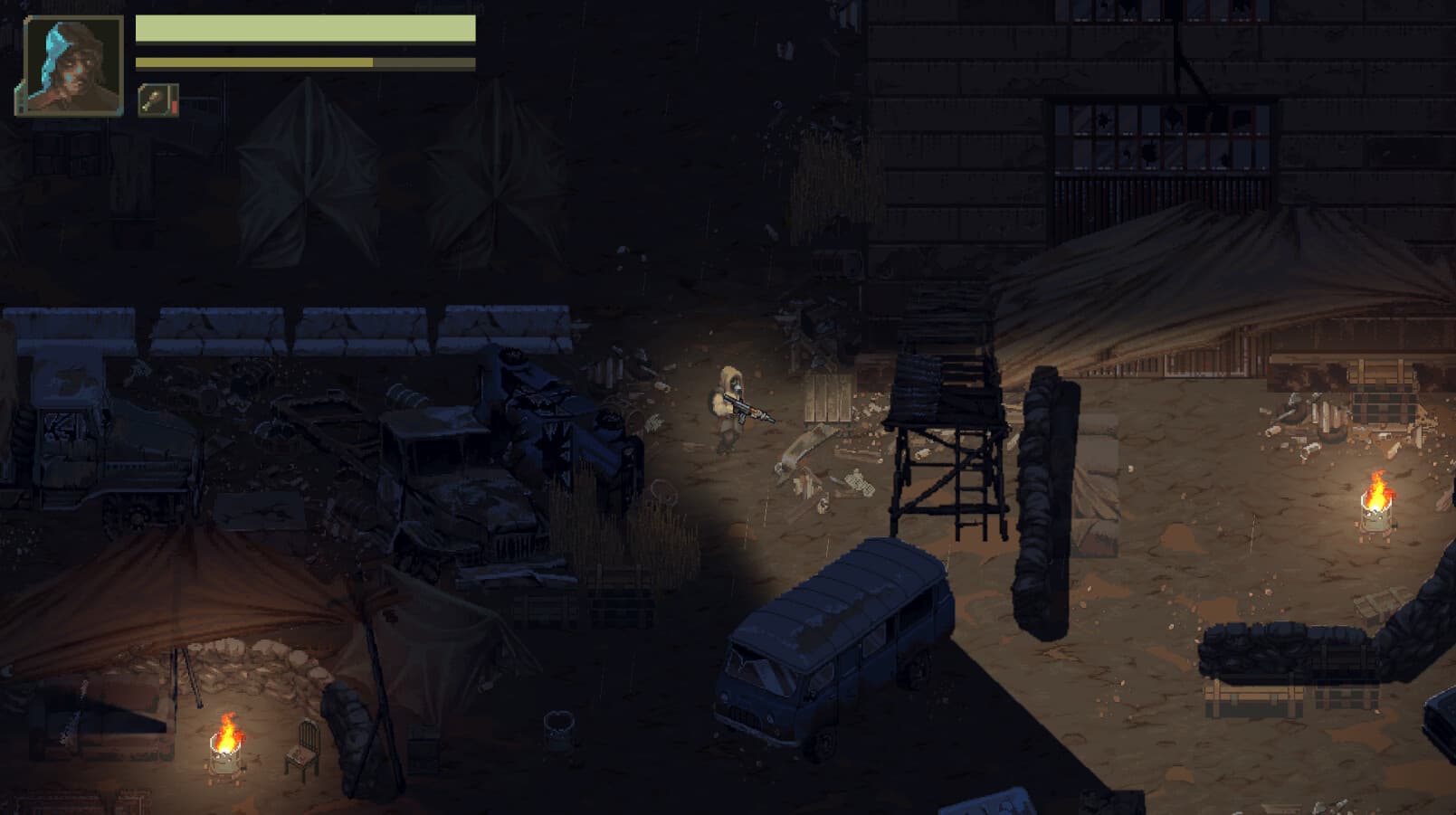 Tents, wrecks and barrel fires define a fragile safe line.